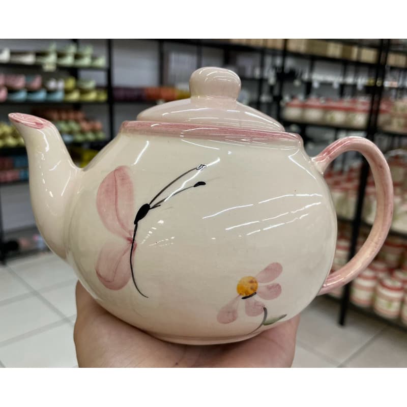 Bule Café Chá Borboleta Rosa Em Cerâmica Pintado Á Mão
