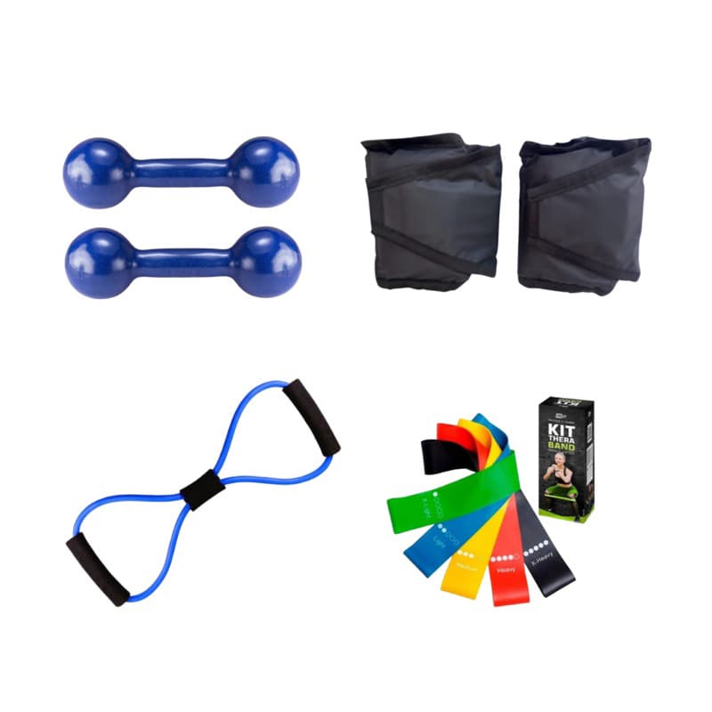Kit Fisioterapia Halter Emborrachado 0,5kg + Tornozeleira 0,5kg + Kit Theraband + Elástico