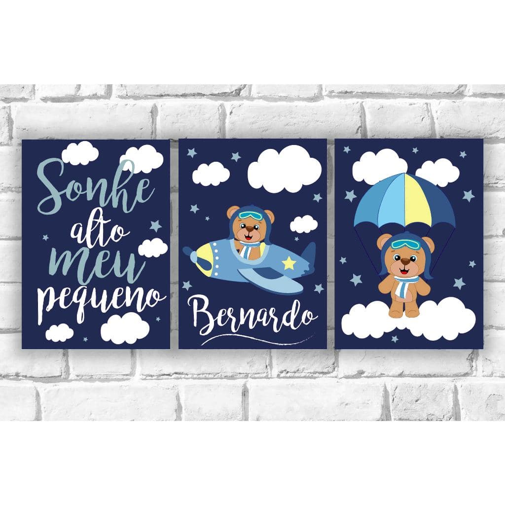 Kit 3 Quadros Personalizado Menino 21x30 Urso Aviador Ursinho Quarto Baby Bebê nfantil  quadro para bebe