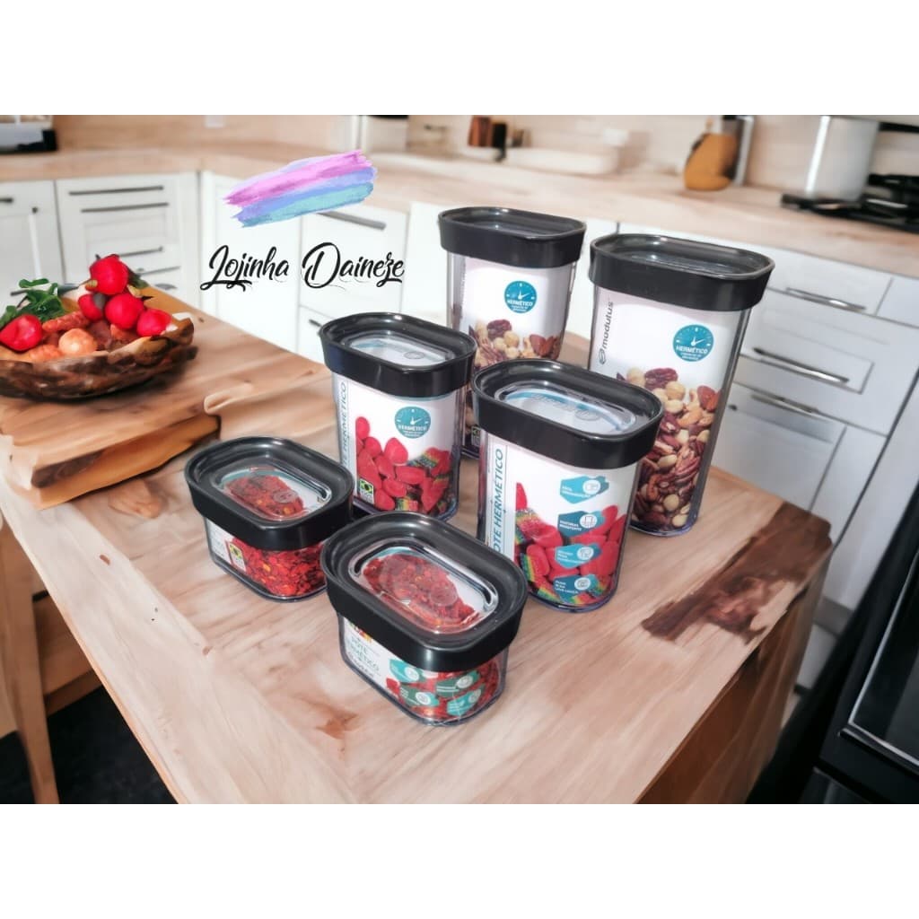 kit cozinha 6 potes herméticos para pequenas quantidades e temperos na cor preta