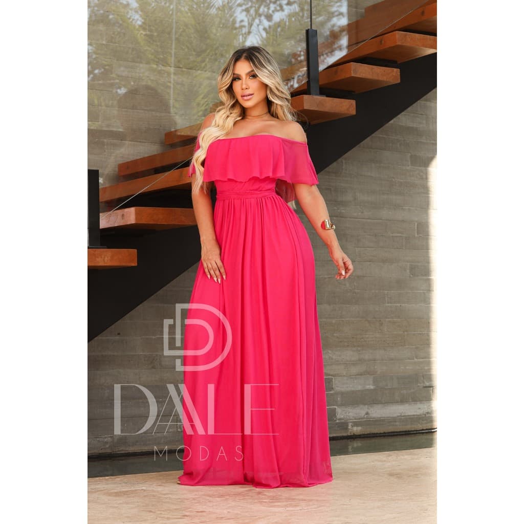 vestido luxo longo feminino ombro a ombro com detalhe de babado na manga