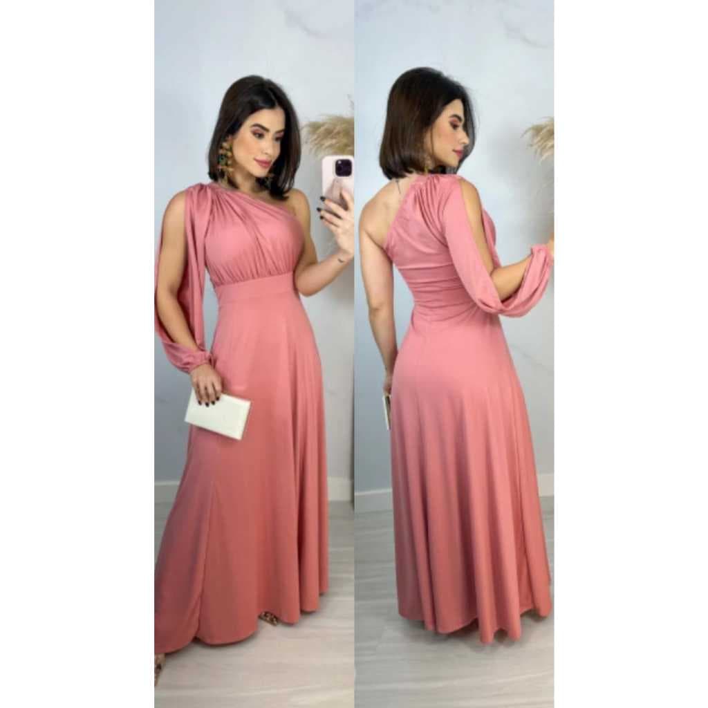 Vestido Longo Social Festa Madrinha Casamento Formatura Mula Manca Uma Manga Só Longa Vazada