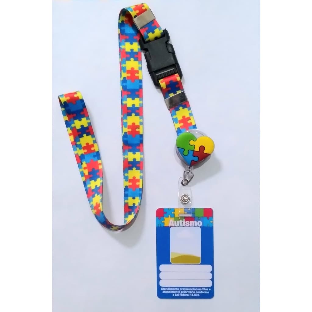 Kit Cordão + Crachá Personalizado identificação cid + Porta Crachá retrátil Autismo Autista