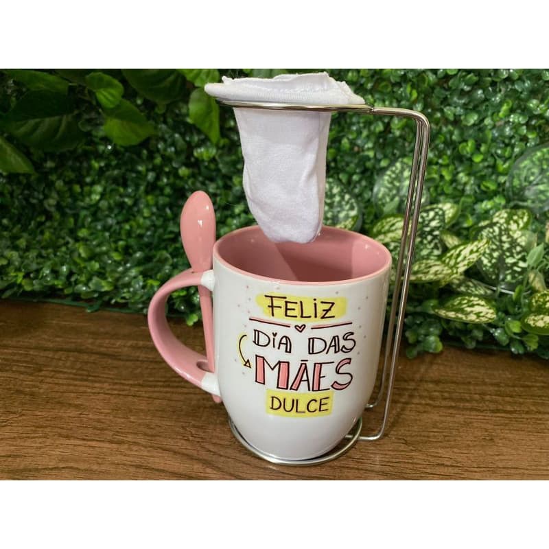 Caneca com colher e coador dia das mães