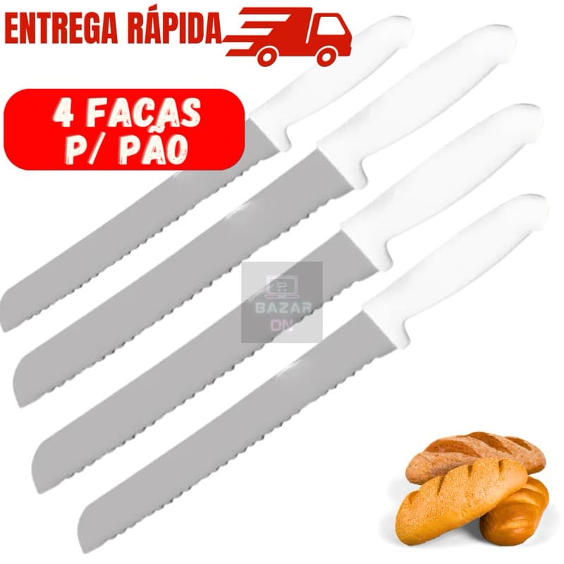 Kit 4 Facas Para Pão Com Serra Aço Inox Cabo Branco Original Resistente