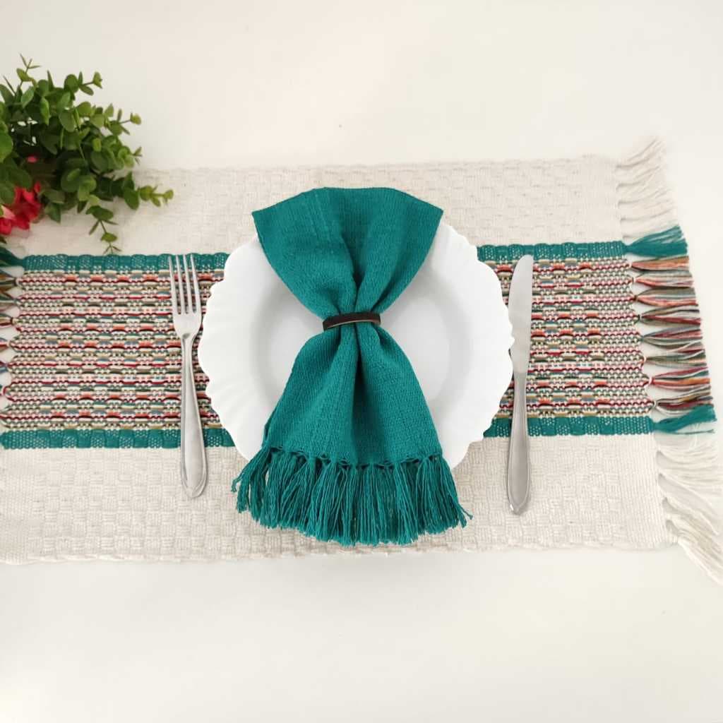 Kit Jogo americano Colorido com Crú e Jade, produto artesanal. Decoração de mesa em tear mineiro.