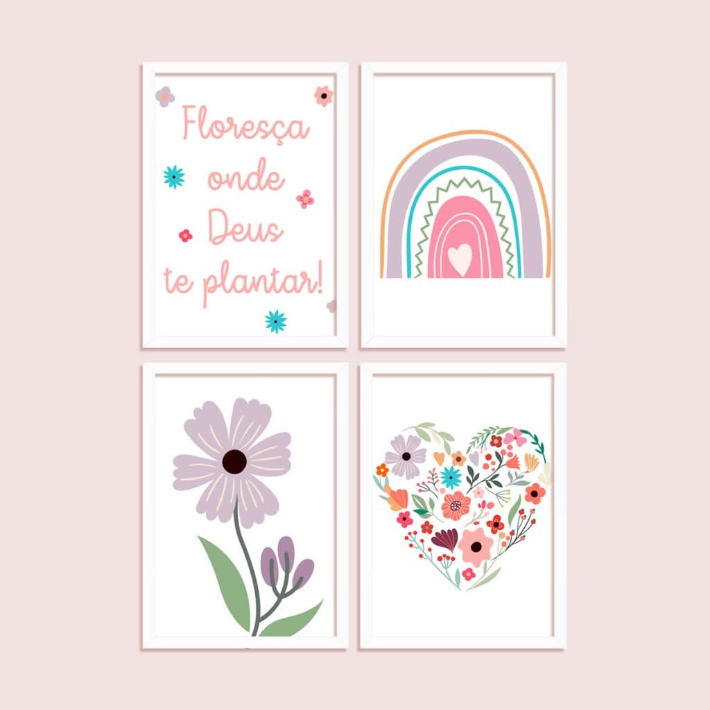 Kit 4 quadros decorativos flores, arco-íris