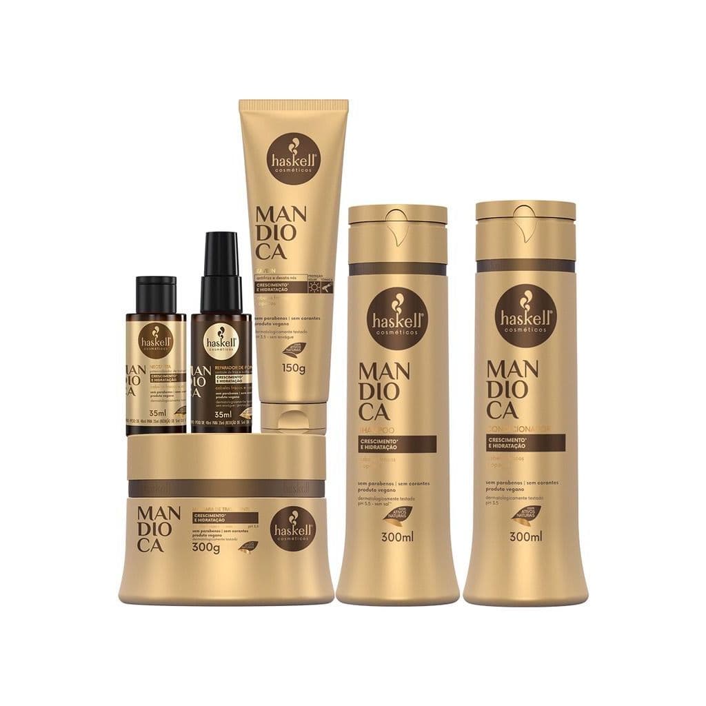 Kit Mandioca 6 Produtos Haskell Shampoo 300 ml Condicionador 300ml Mascara 300ml Leavein 150ml Nectavita 35ml Reparador de Pontas 35ml