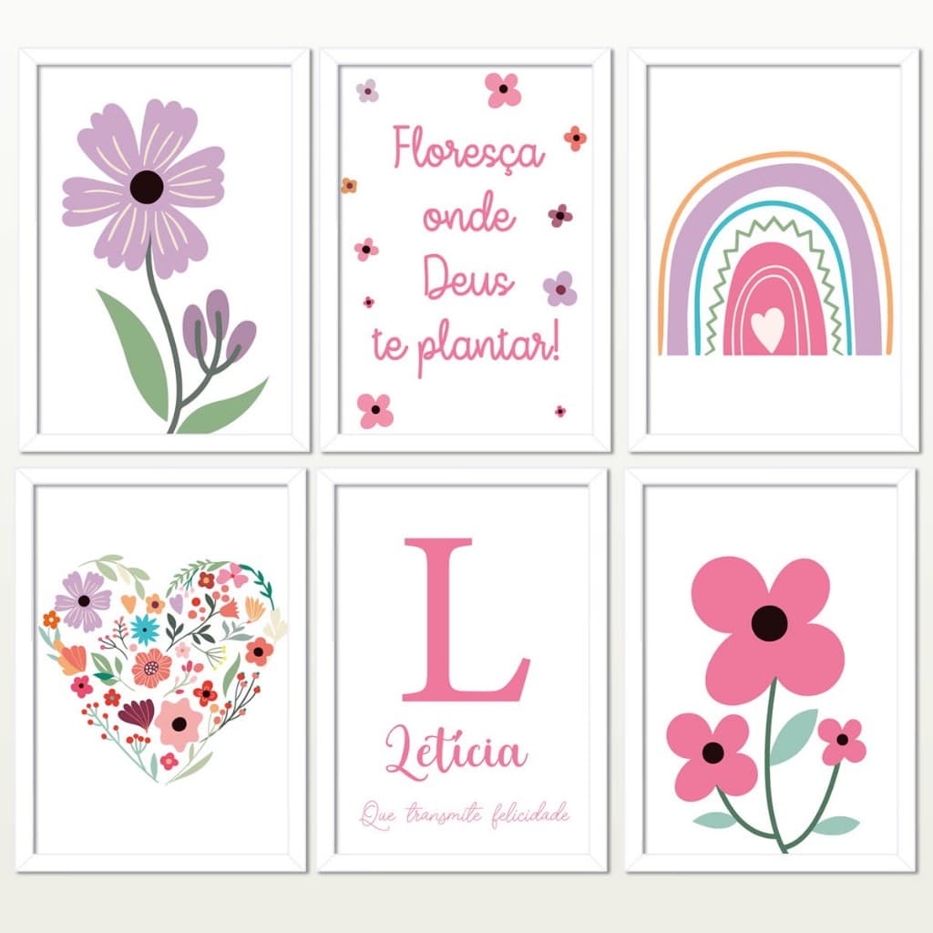 Kit 6 Quadros Decorativos Arco-íris E Flores Personalizado Nome Colorido
