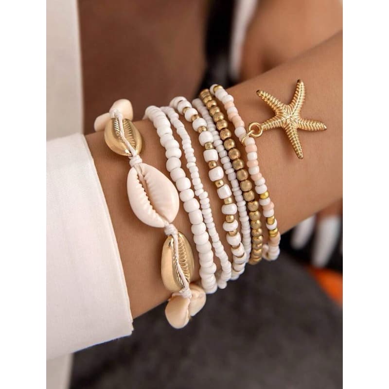 Pulseira 7 Peças Trançada Com Pingente De Estrela Do Mar, Pulseira de Verão Praia, Calor, Estilo Boho