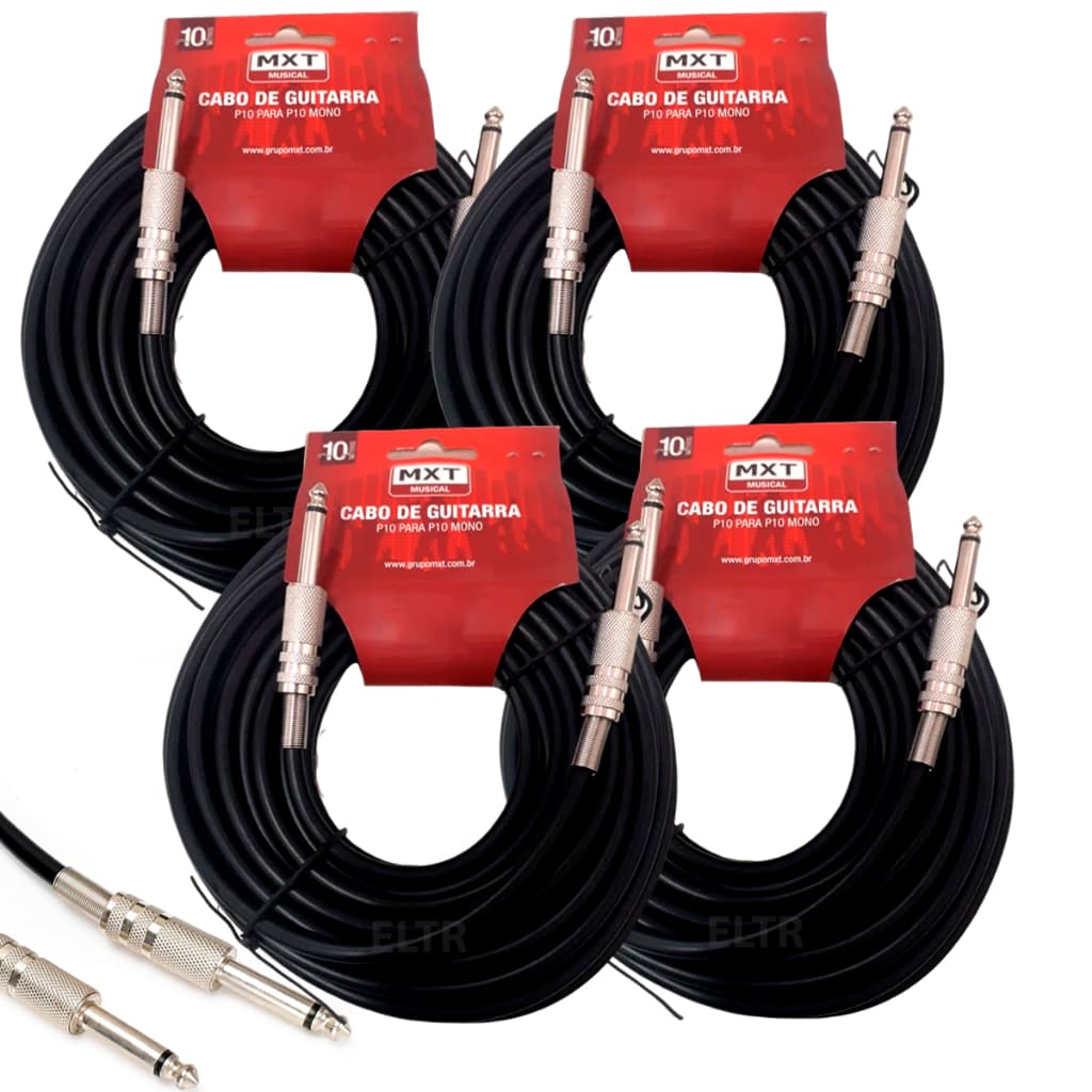 Kit 4 Cabo P10 P10 Mono Guitarra Violão Baixo Cavaquinho Caixa Som Amplificador 10m Metros