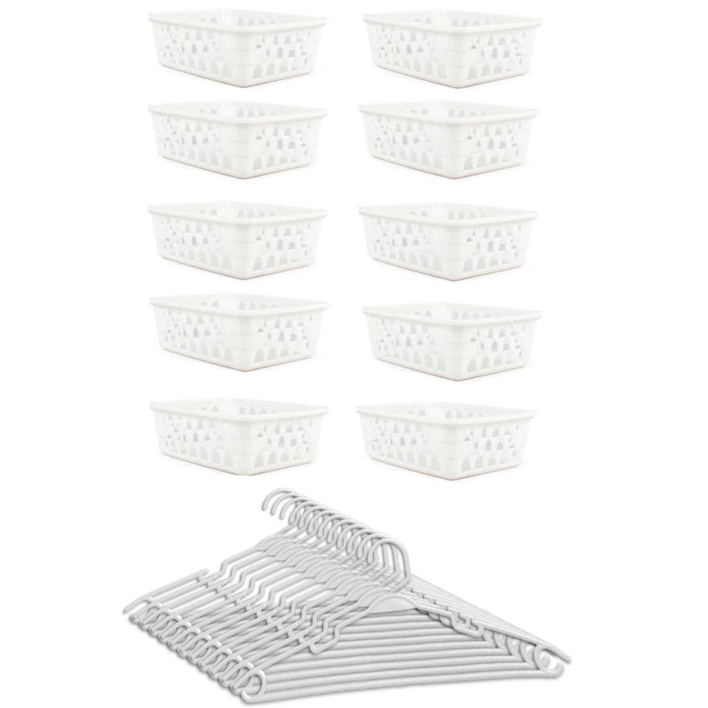 Kit organizador guarda roupa 10 cabides infantil e 10 cestos organizador branco