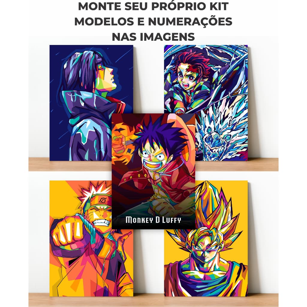 Kit 5 Quadros Decorativos Mix de Animes 9,5x14,5 Placa Decorativa Naruto One Piece Dragon Ball