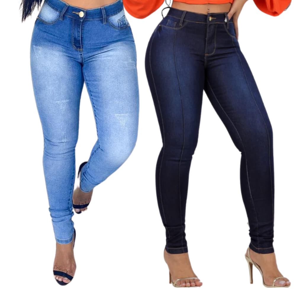 Kit 02 Calças Jeans Feminina Skinny Com Lycra Azul Escuro e Azul Claro