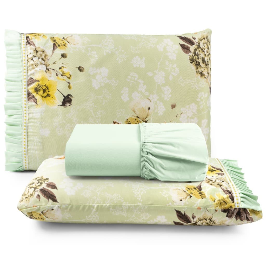 Kit Jogo Lençol 100% Algodão Cama Casal Padrão 3 Peças Estampados Com Babadinho 180 Fios
