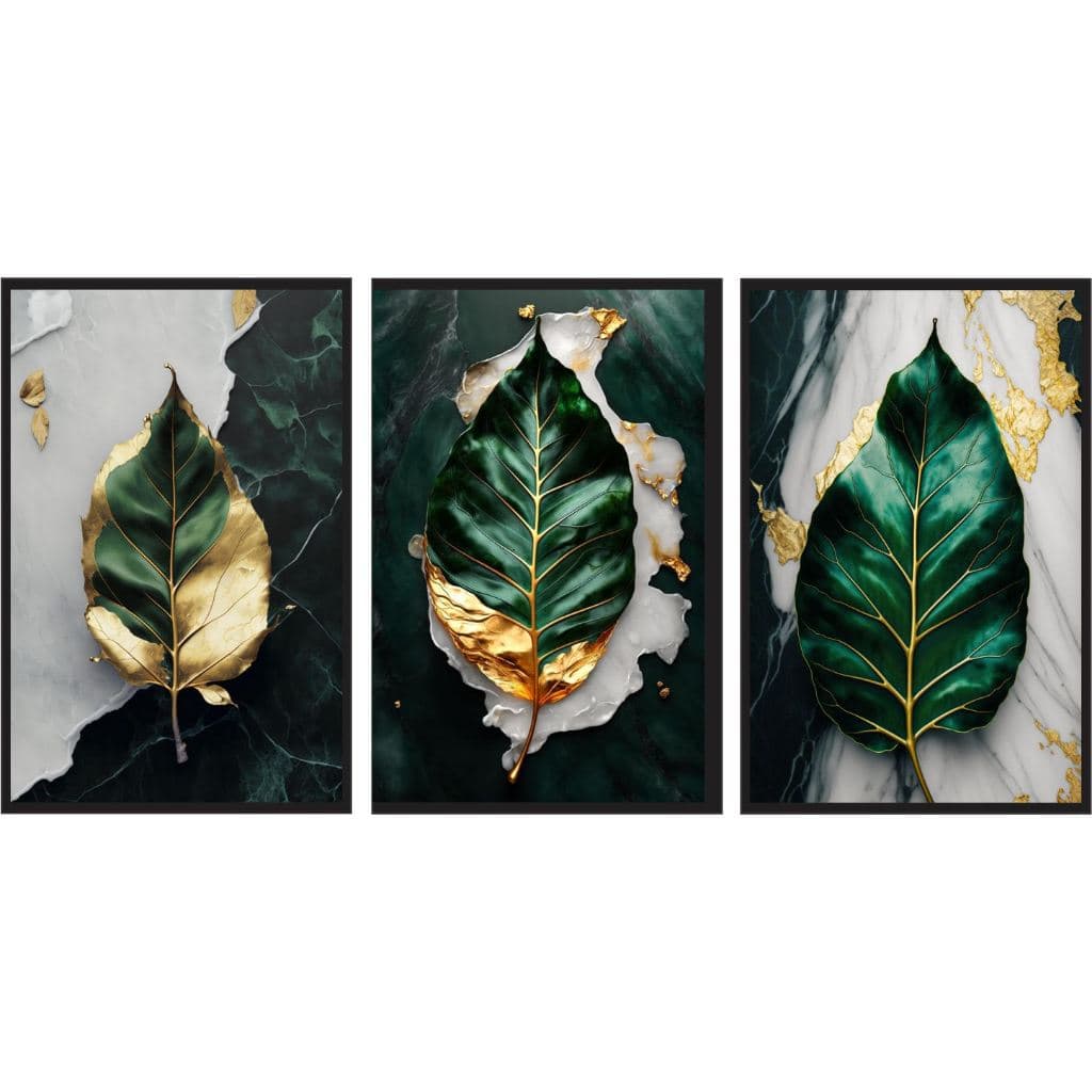 Quadro para decoração de ambientes folhas douradas e verdes 3 peças n070 (FOLHA F/ CINZA)
