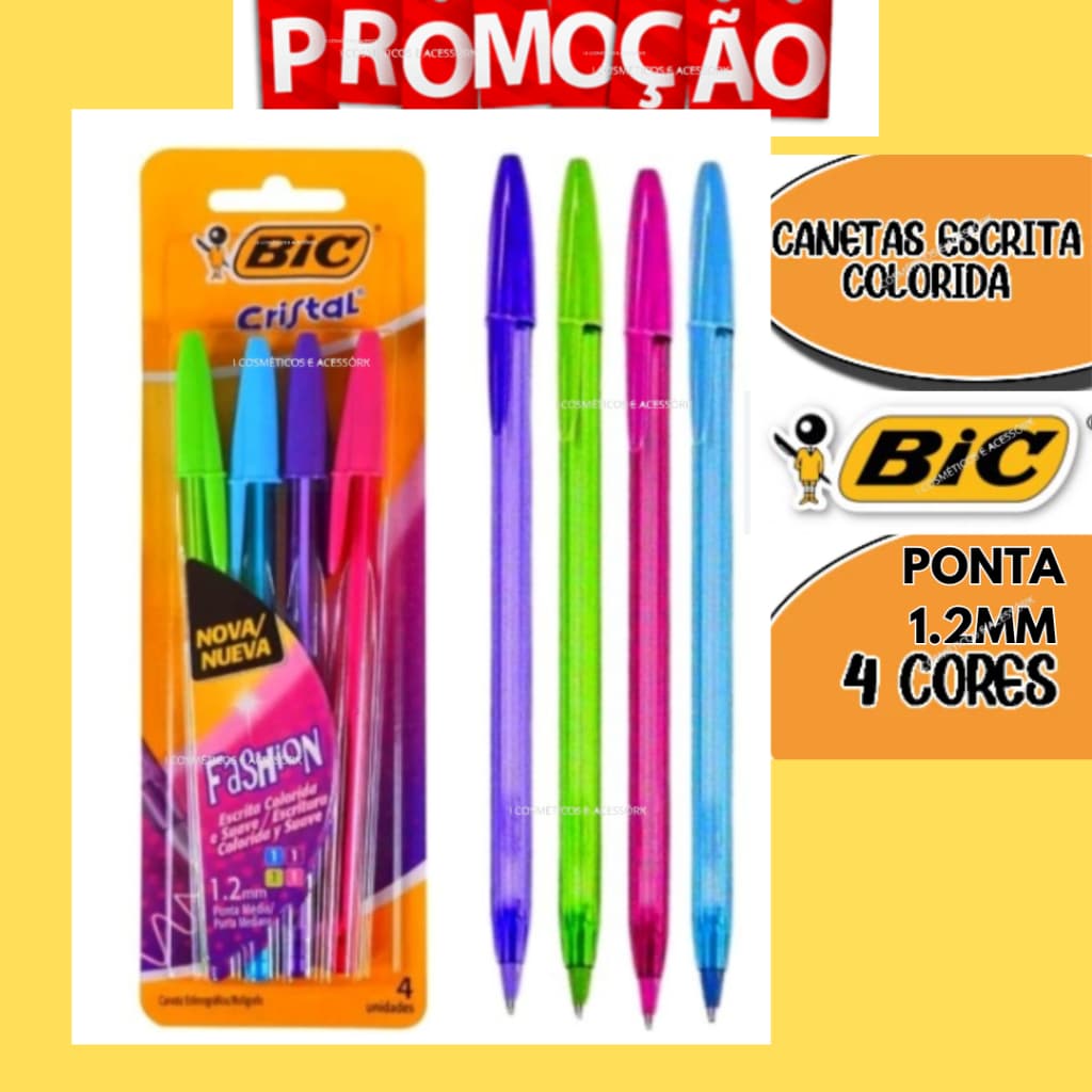 Canetas Colorida Bic Cristal Fashion Kit Caneta com 4 Cores escrita 1.2mm