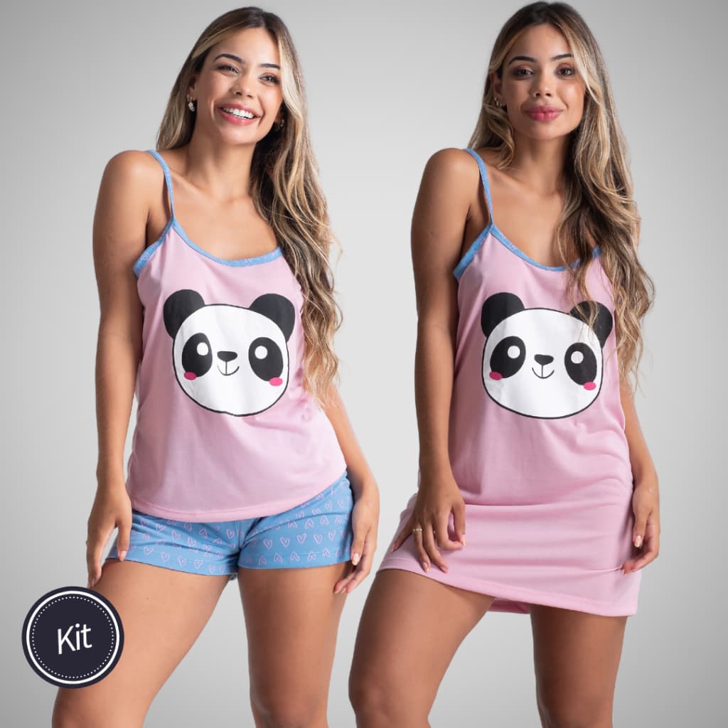 Kit Baby Doll  Camisola Pandinha Alcinha Curto Desenho Fofo  Linha Noite Kit Verão 368