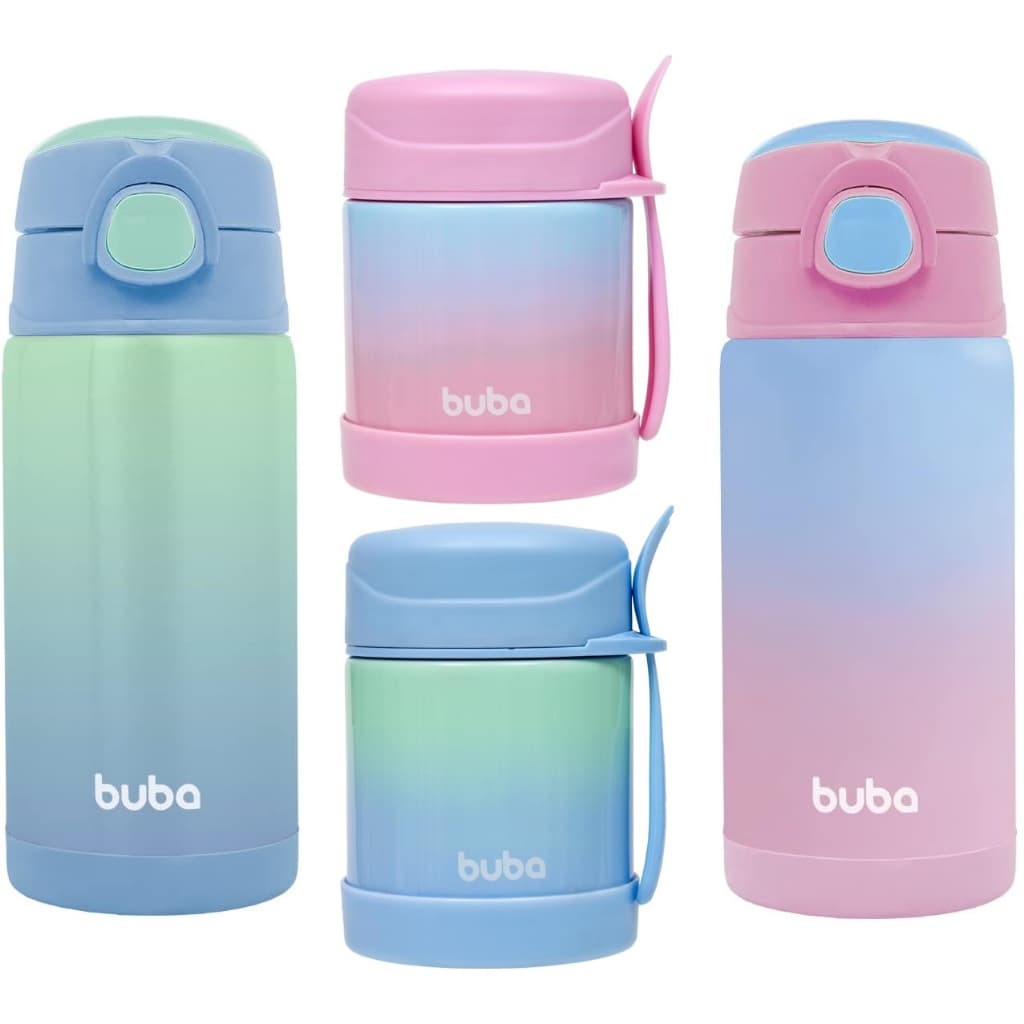 Garrafa Térmica Infantil Com Canudo Aço Inox Buba Menina e Menina Azul Rosa Garrafinha Degrade