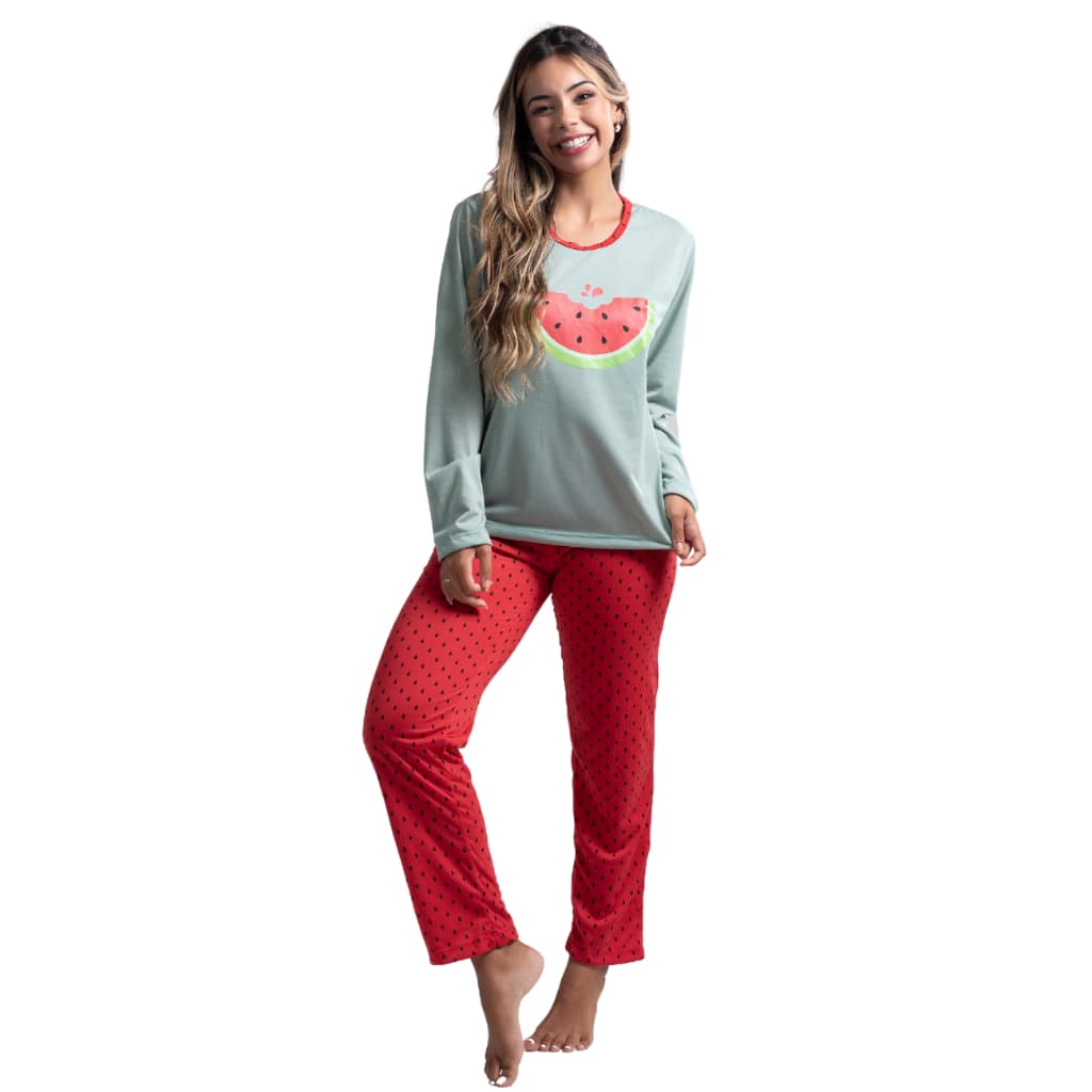 Roupa de Dormir Manga Longa Calça Estampa Desenho Melancia Frio Confortável Linha Noite Inverno 330