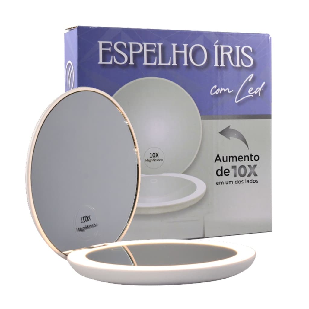 Espelho Iris Dupla Face com Led 10x Aumento Zoom para Bolsa e Nécessaire Klass Vough