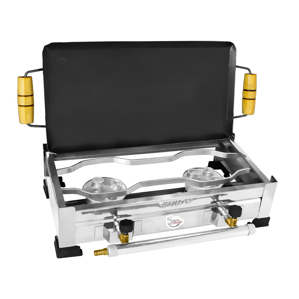 Fogão Industrial Inox Fogareiro de Mesa 2 Bocas A Gás Portátil Caminhoneiro Camping Com Chapa Bife