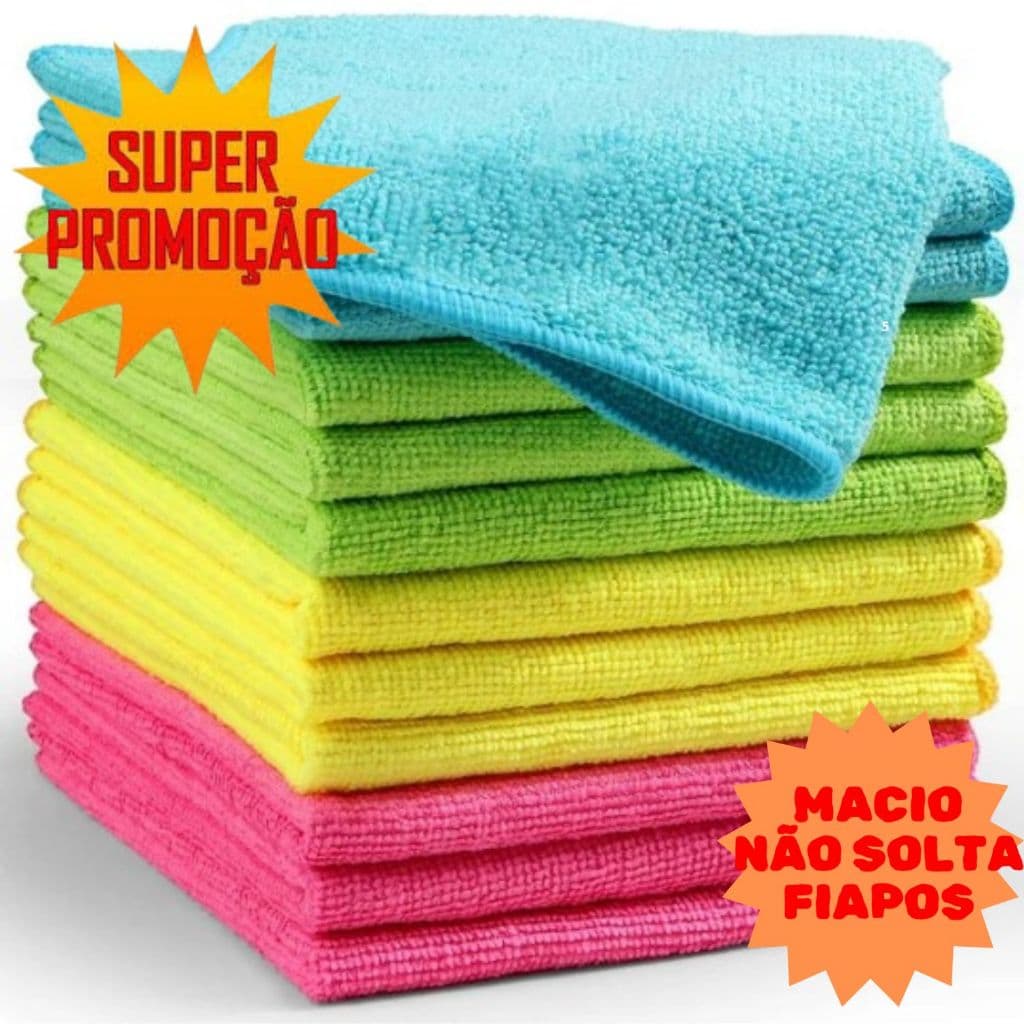 Kit 10 Panos Microfibra Para Limpeza Automotivo e Doméstico 28x28cm Não Solta Fiapos, Macio