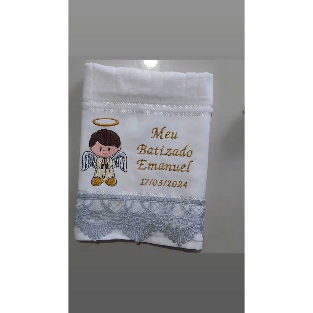 TOALHA MEU BATIZADO COM ANJO E NOME, TOALHA BORDADA, MEU BATIZADO, TOALHA LAVABO MEU BATIZADO E NOME