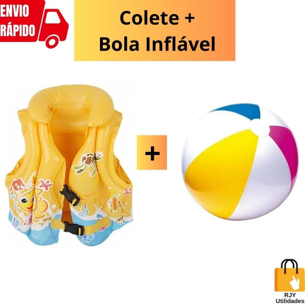 Kit Colete Inflável Infantil + Bola Inflável Colorida Piscina Praia Diversão Proteção Barato