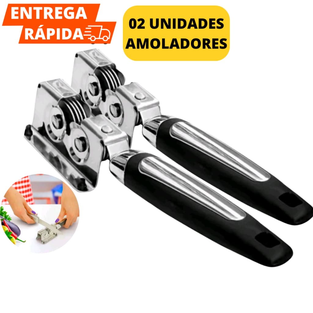 Kit 02 Afiadores Amolador De Facas E Tesouras Profissional Com Cabo Aço Inox 6 Roldanas Durável