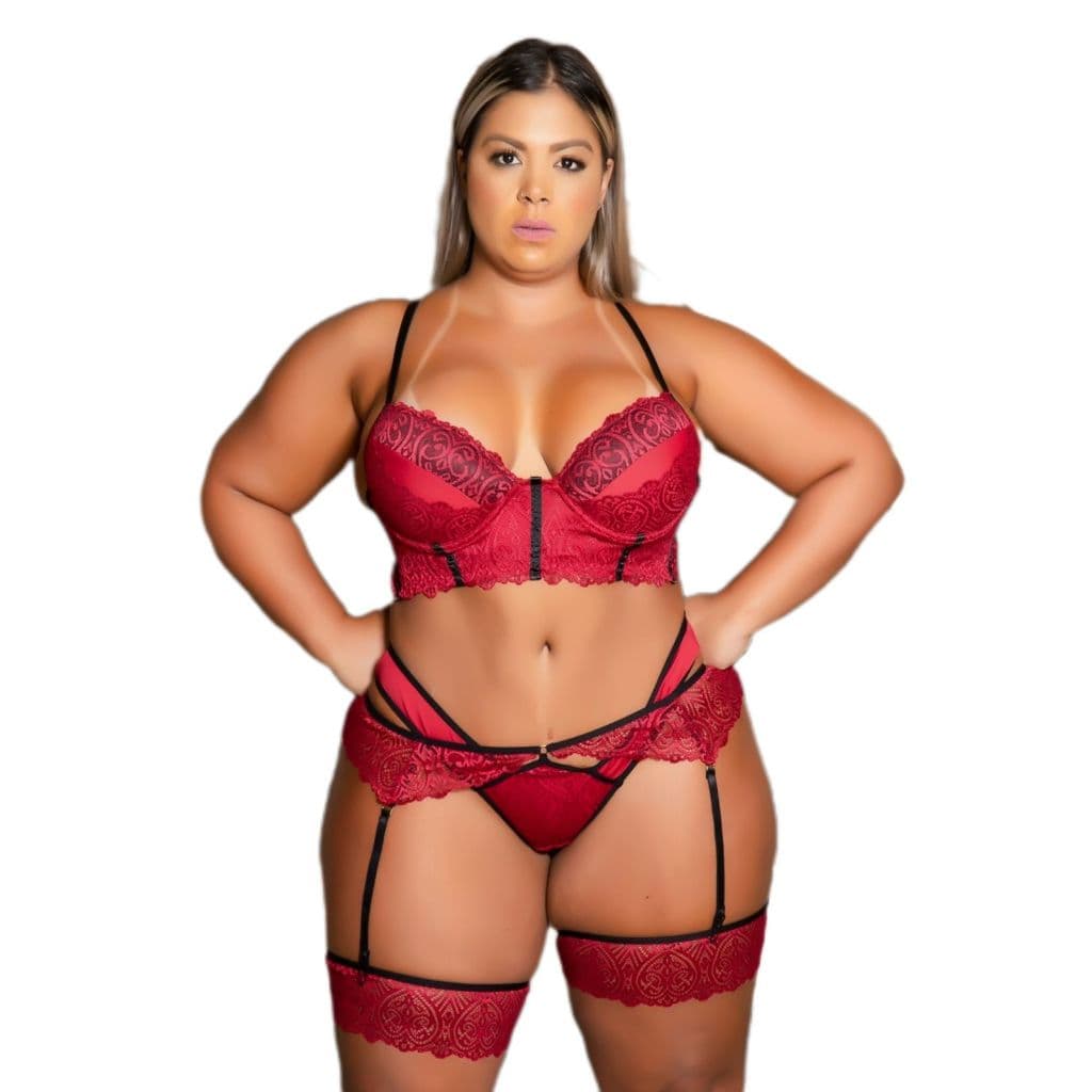 Conjunto Plus Size Com Cropped Trabalhado Calcinha fio dental e Perneira