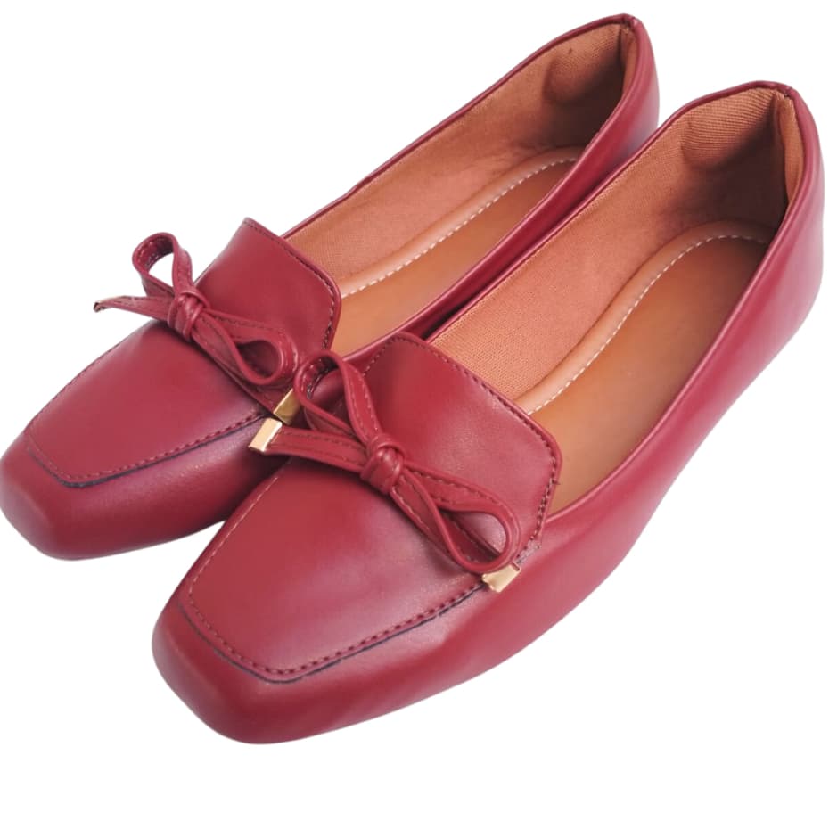 Sapatilha Bico Quadrado Feminina Confortável Mocassim Casual Marsala Com Laço