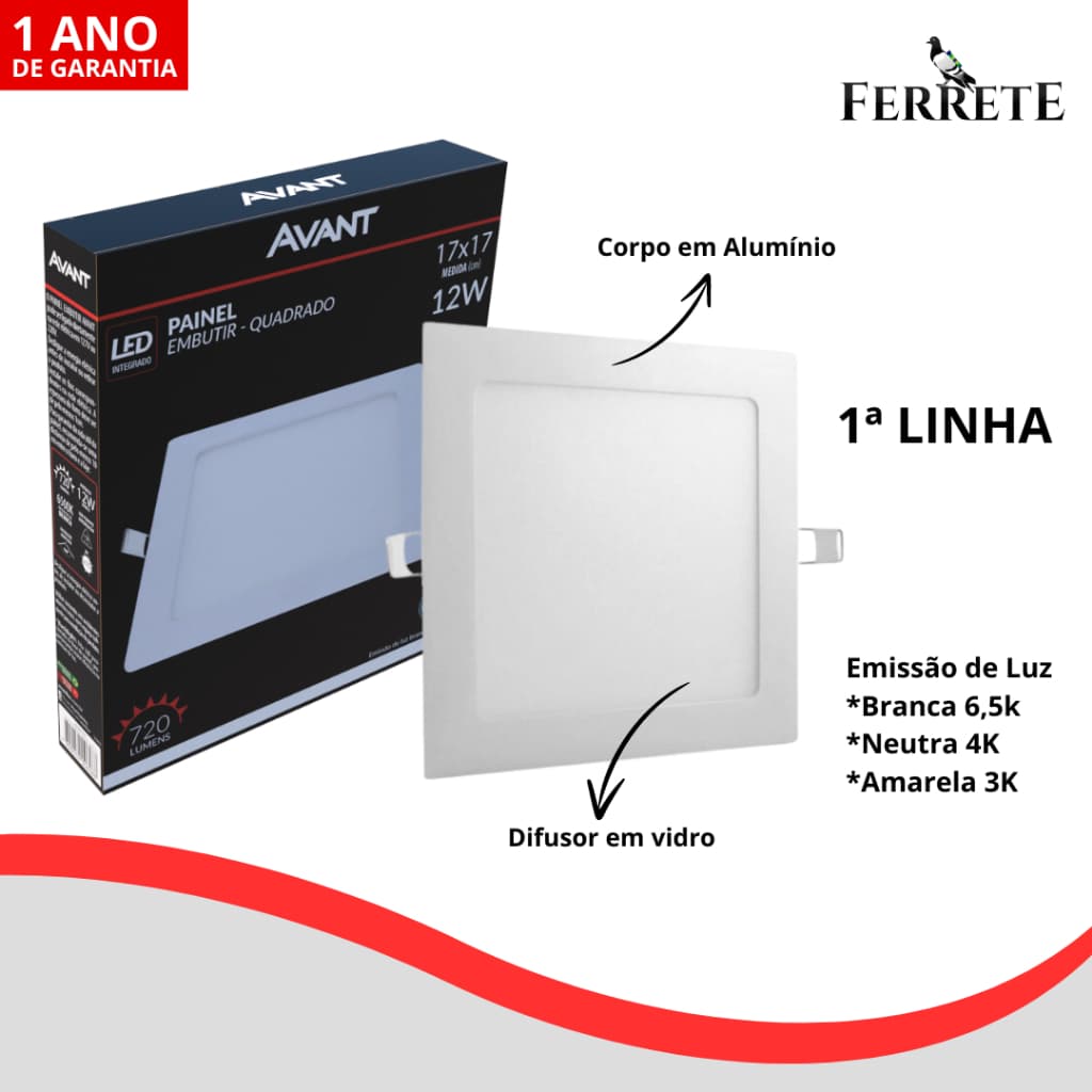 Painel Plafon Led Embutir Quadrado 12w Avant - 1ª Linha 17x17cm