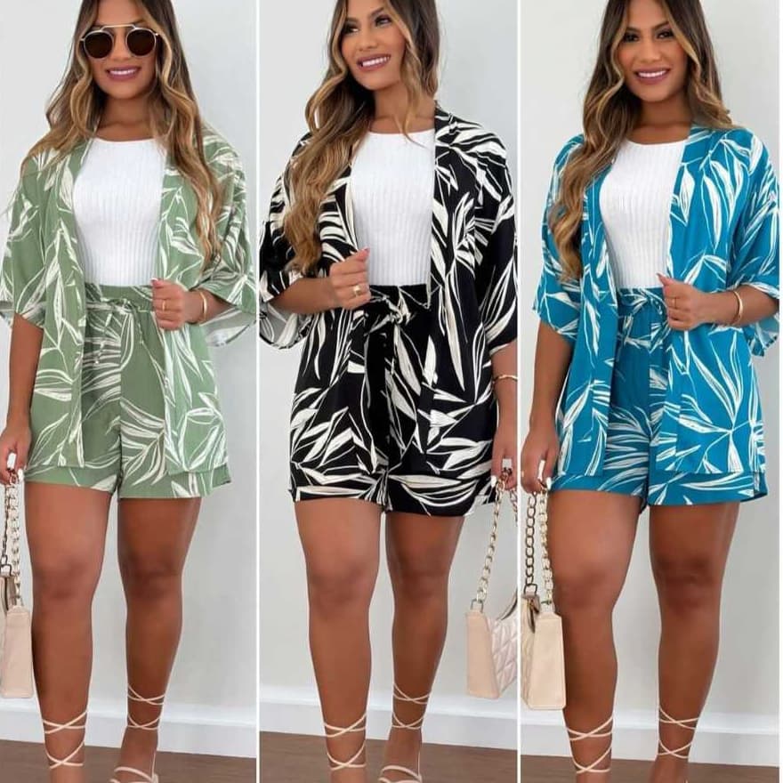 Conjunto short com elastico na cintura e cardigan, estilo estampados em alta, manga médio lançamento2025