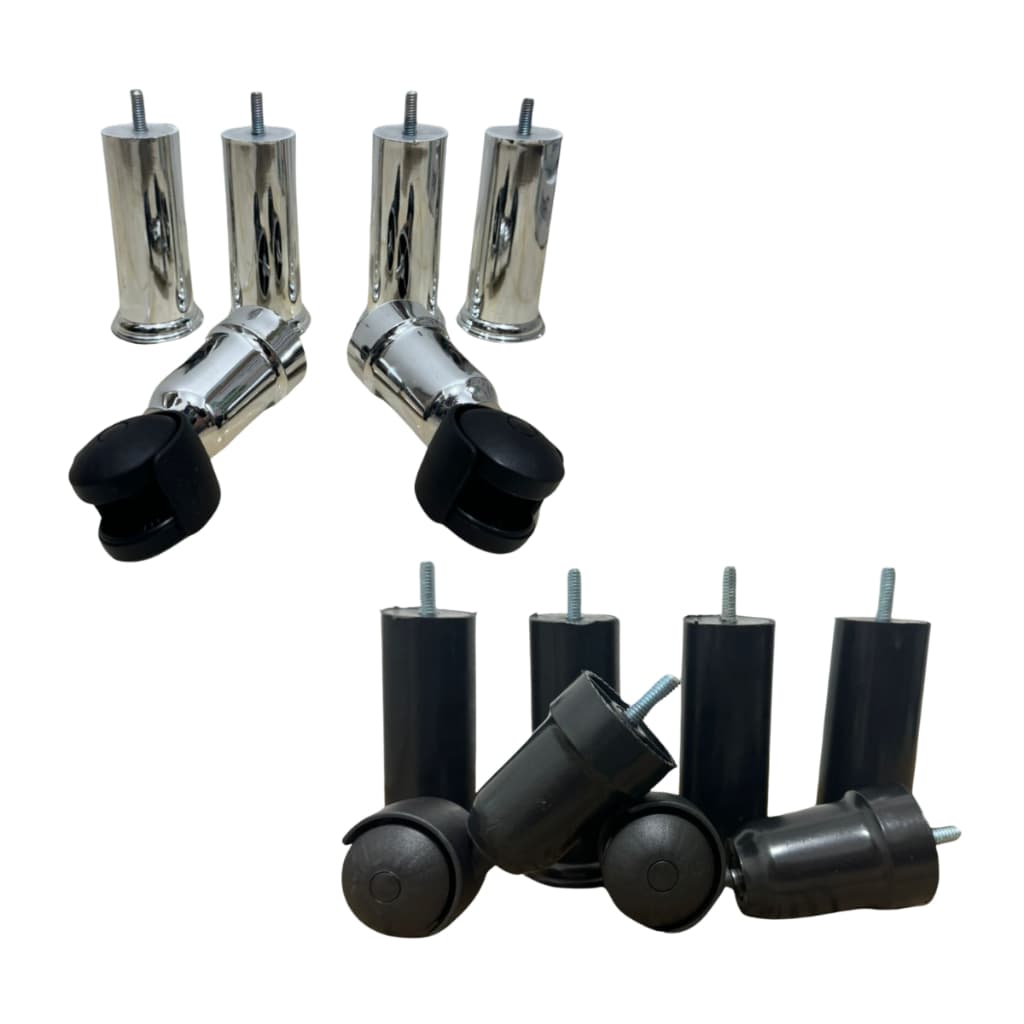 Kit 6 Pés para cama box de solteiro/casal/queen/king 4 pés fixos e 2 com rodinhas de plástico Preto ou Cromado