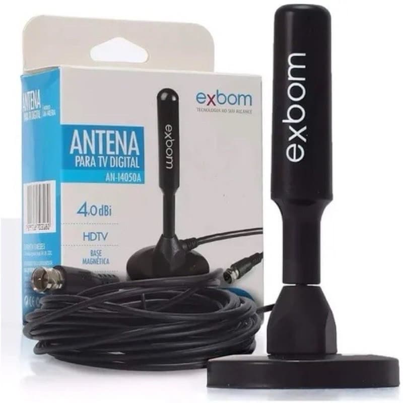 Antena Digital Amplificada Interna e Externa 5 Metros Base Imã Prova d'água 4DBI HDTV/UHF/VHF - Exbom Original