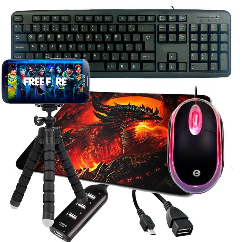 Kit Mobilador Gamer Completo 6 item Promoção Para Celular Com Teclado + Mouse Óptico Free Fire Cod