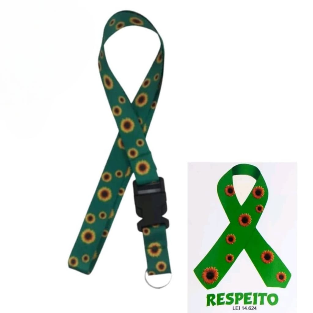 Kit Chaveiro Cordão Moto Pescoço Engate Rápido Girassol e Adesivo Respeito Lei 14.624