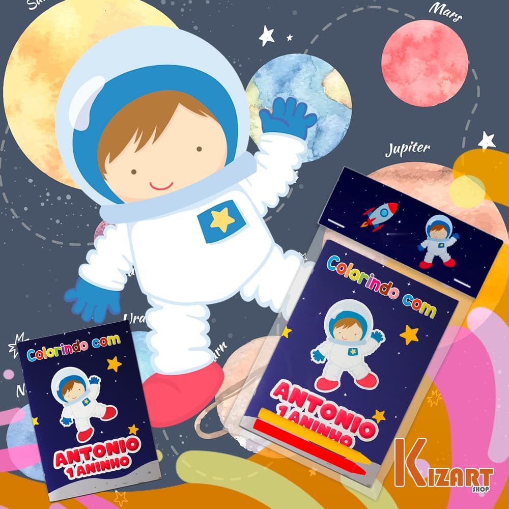 Kit Colorir Personalizado Lembrancinha Tema Astronauta Festa Infantil 8 Pg+ Giz