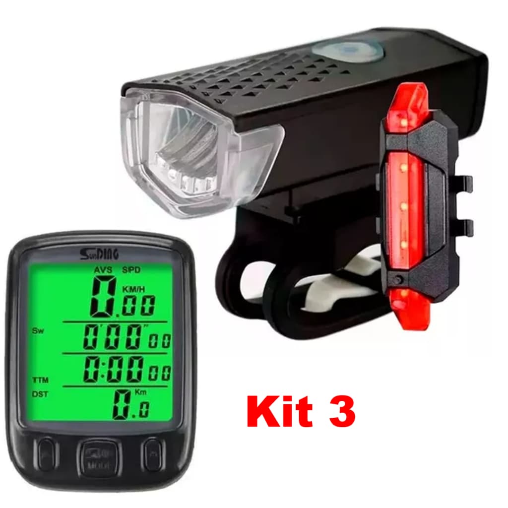 Kit 3 Acessórios para bicicleta Velocímetro +Farol Led frontal + Sinalizador Traseira Recarregável