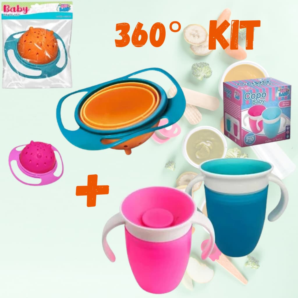 Kit Prato Mágico Infantil Bebê Giratório P/Creche 360°+ Copo que não Derrama Transição Antivazamento