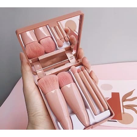 Mini Espelho De Maquiagem Portátil Com 5 Pcs Pincéis De Maquiagem Lupa Mão Segurar Bolso Dobrável Maquiagem