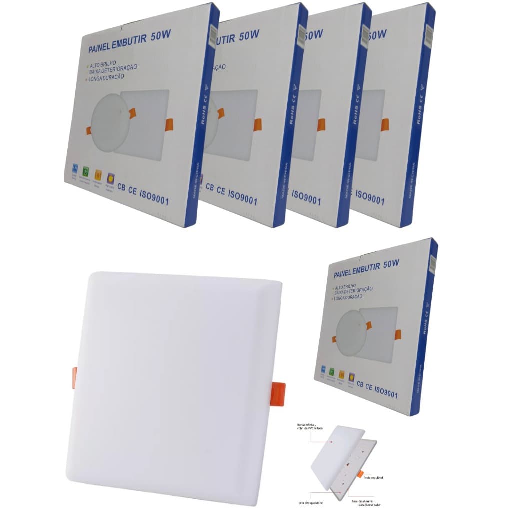 Kit 5 Plafon Led Borda Infinita 50W Embutido Quadrado Bivolt Branca Frio 6500k ou Neutro 4000k 30CM