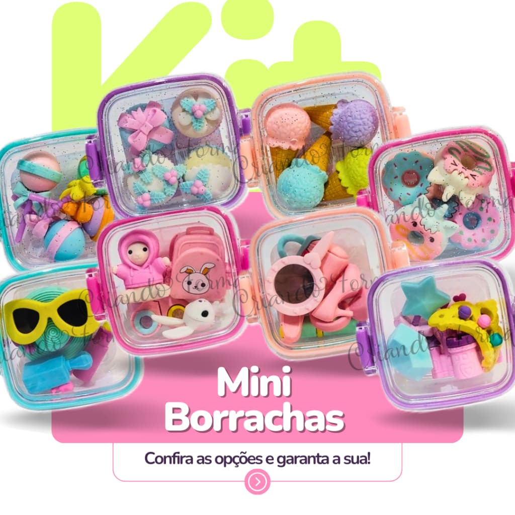Kit Marmitinha com Borrachas - Mini Fofuras e Doces - Importado - Material Escolar