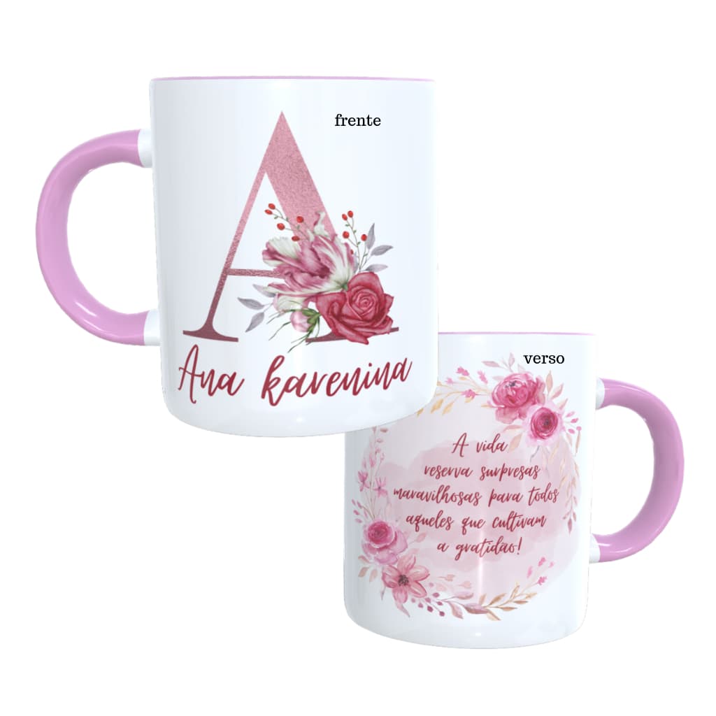 caneca personalizada alfabeto floral rosa com nome e frase/caneca de porcelana/caneca alça rosa