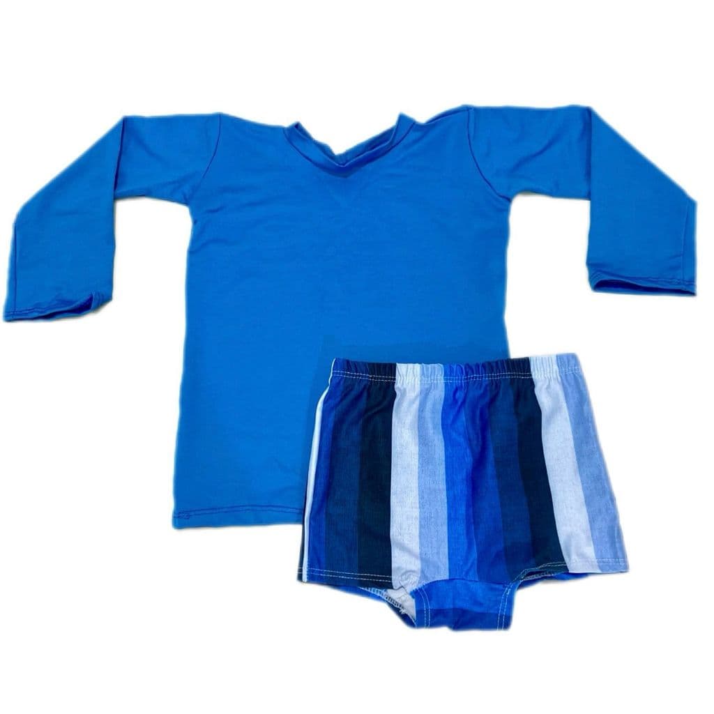 Conjunto Masculino Infantil Praia Sunga + Blusa Manga Longa Azul com Listras