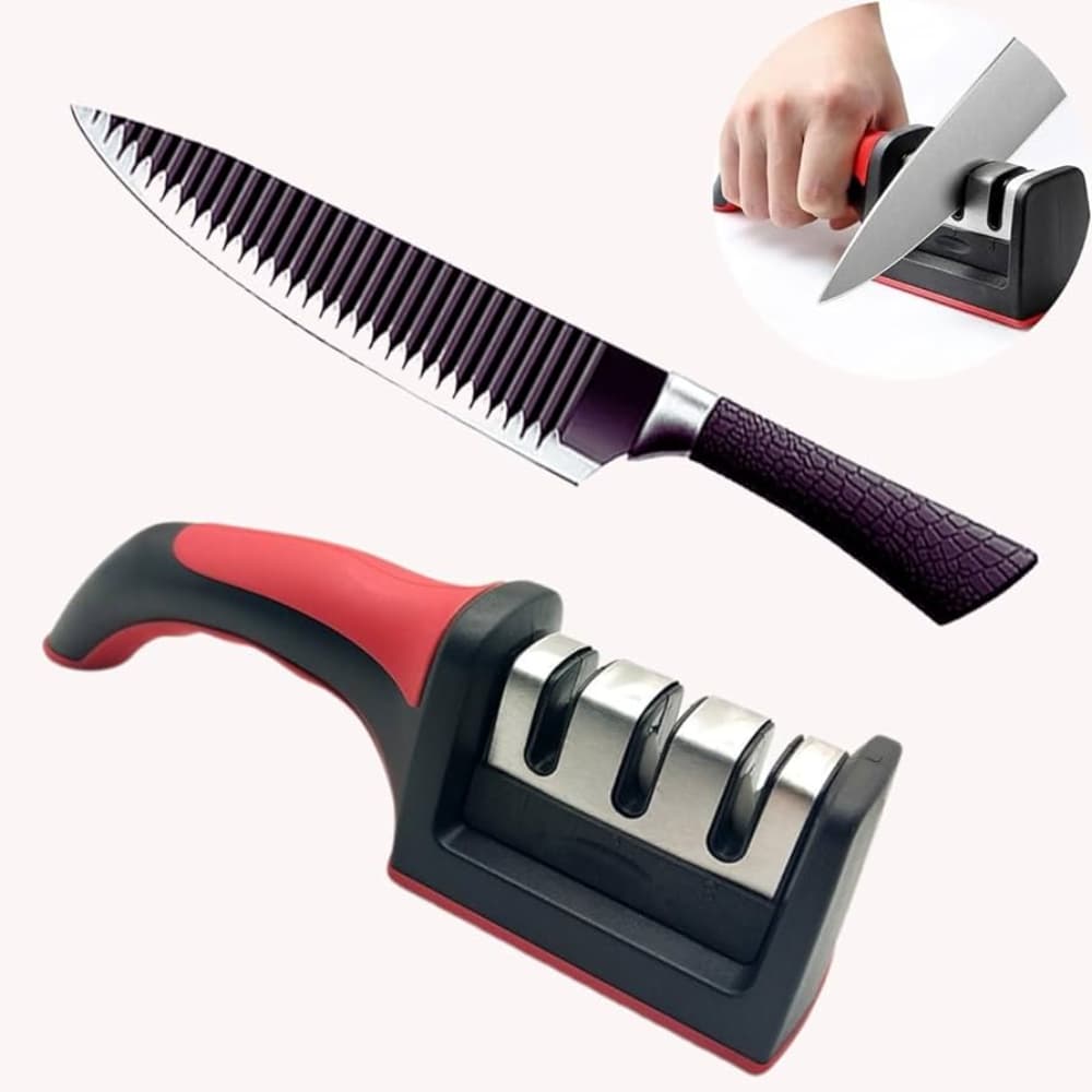 Amolador Afiador De Facas Com 3 Afiadores Profissional Em Aço Inox + KIT 6 Peças Inox Facas, Descascador E Tesoura