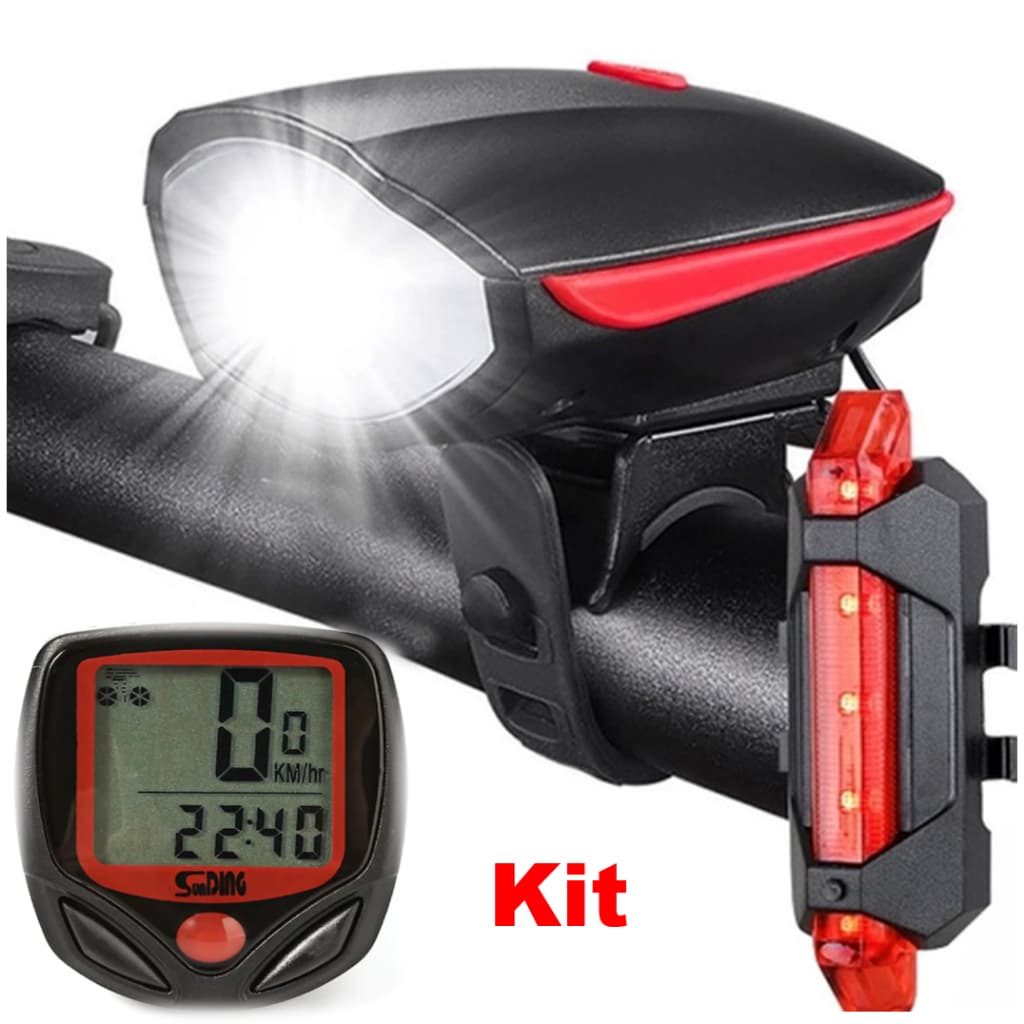 Kit Farol Com Buzina + Sinalizar traseiro + Velocímetro Digital Bike A Prova Dágua 15 Funções