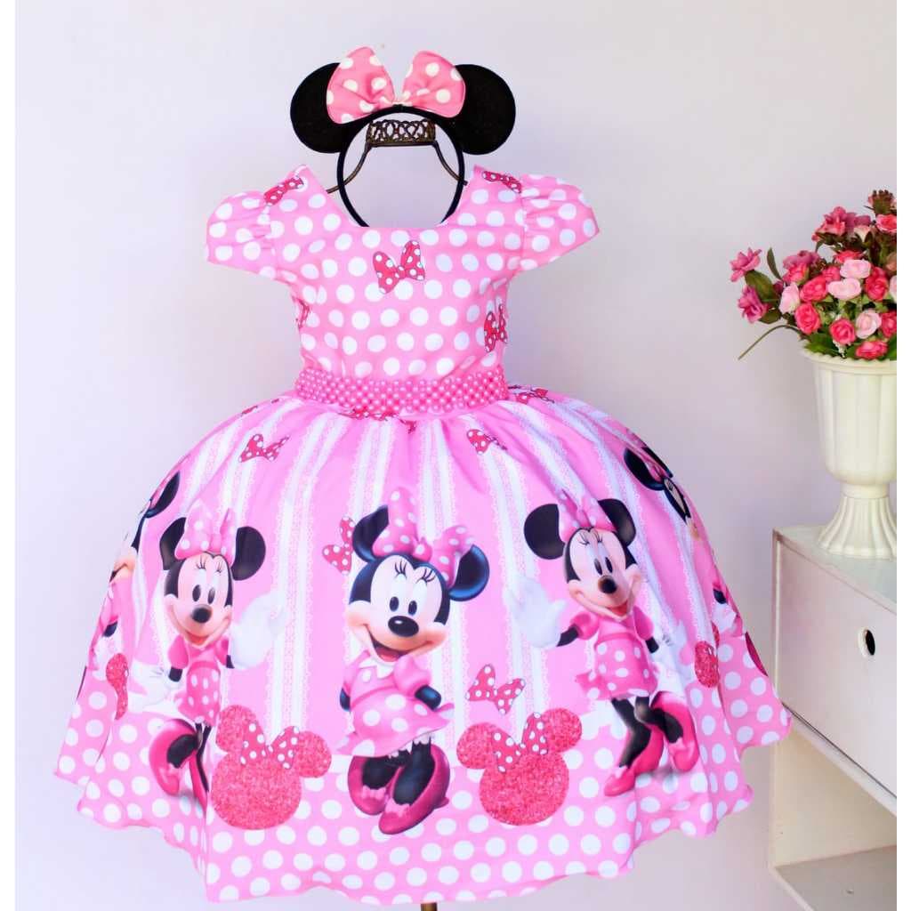 Vestido nfantil Minnie Rosa Poa Com Tiara.