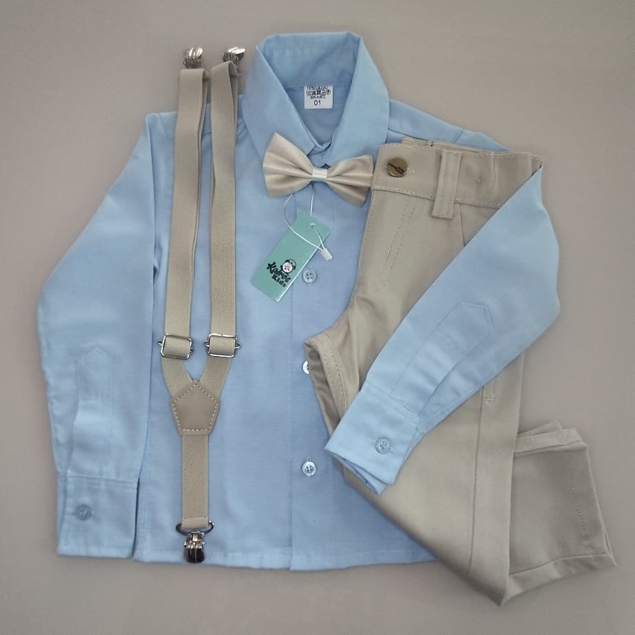 Conjunto Social Camisa Manga longa Azul BB com Calça Nude Gravata e suspensório Nude